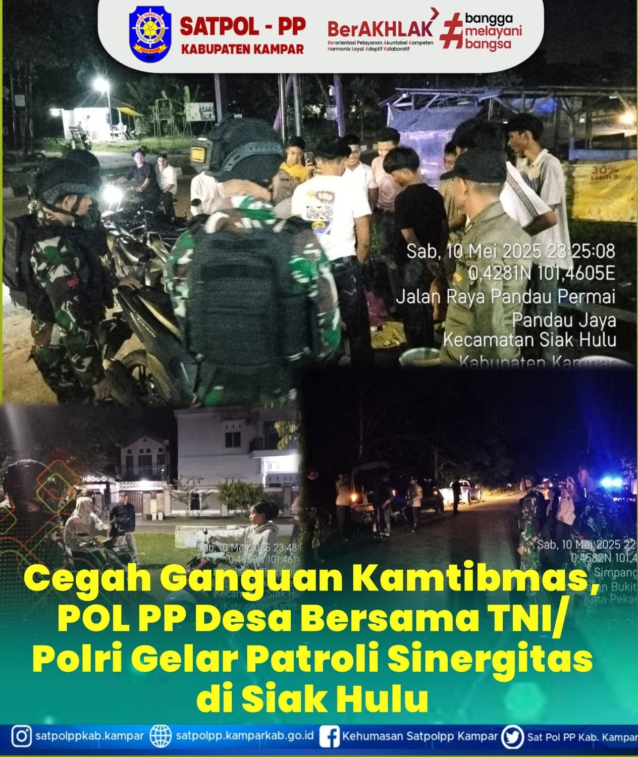 Patroli Bersama Satpol-PP Kampar dan TNI-POLRI Cegah Gangguan Kamtibmas